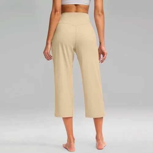 Imagen 2 del producto Pantalones elásticos de cintura alta 3/4 para mujer, pantalones capri informales de ajuste activo, pantalones con bolsillos, pantalones deportivos informales de color sólido