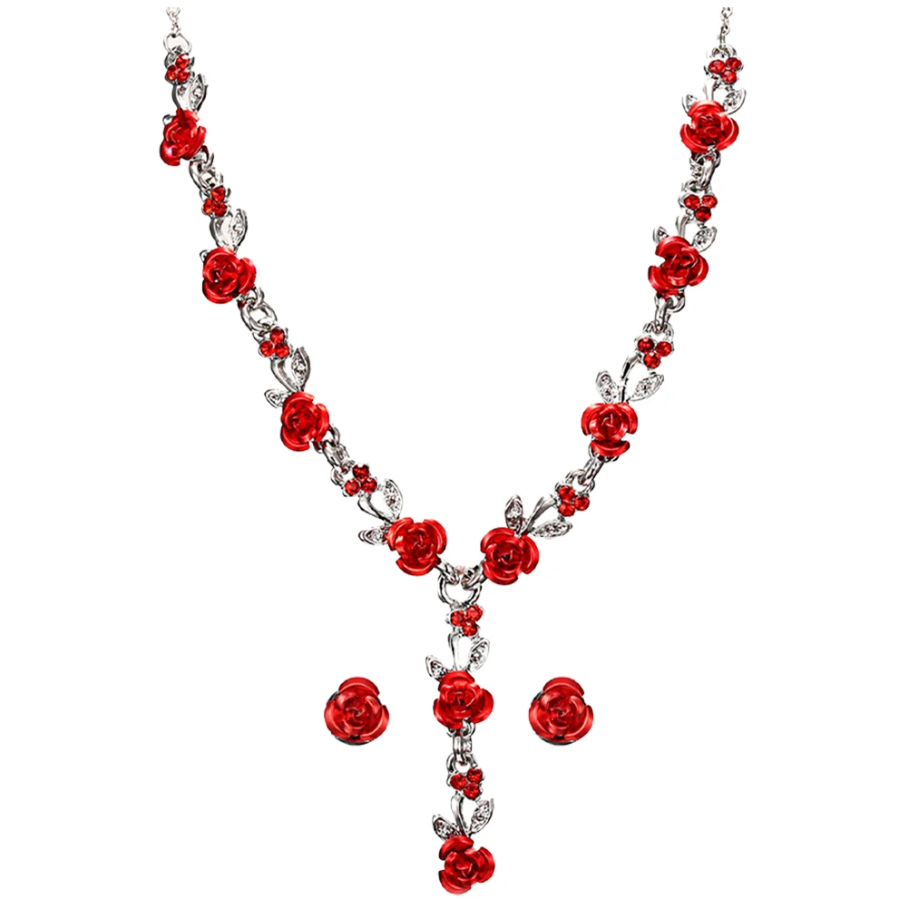 

1 Set Red Rose Jewelry Set Elegant Necklace Earrings Costume Accessories Women Party Wedding Gift Vintage Lightweight Alloy