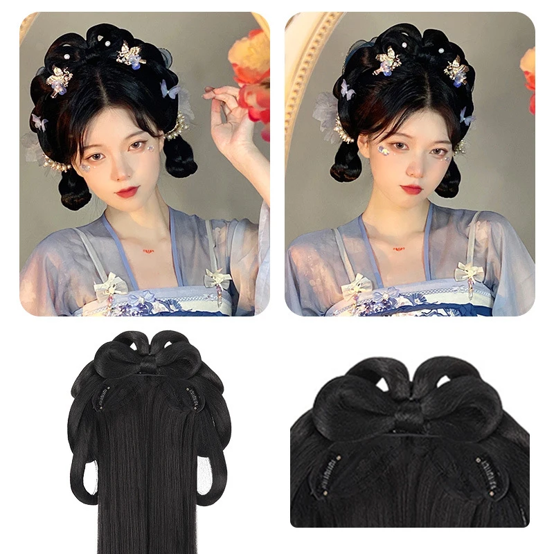 Synthetic Chinese Ancient Wig Women Hanfu Wigs Headdress Photography Dance Accessory Wigs Black For Women Integrated Hair bun