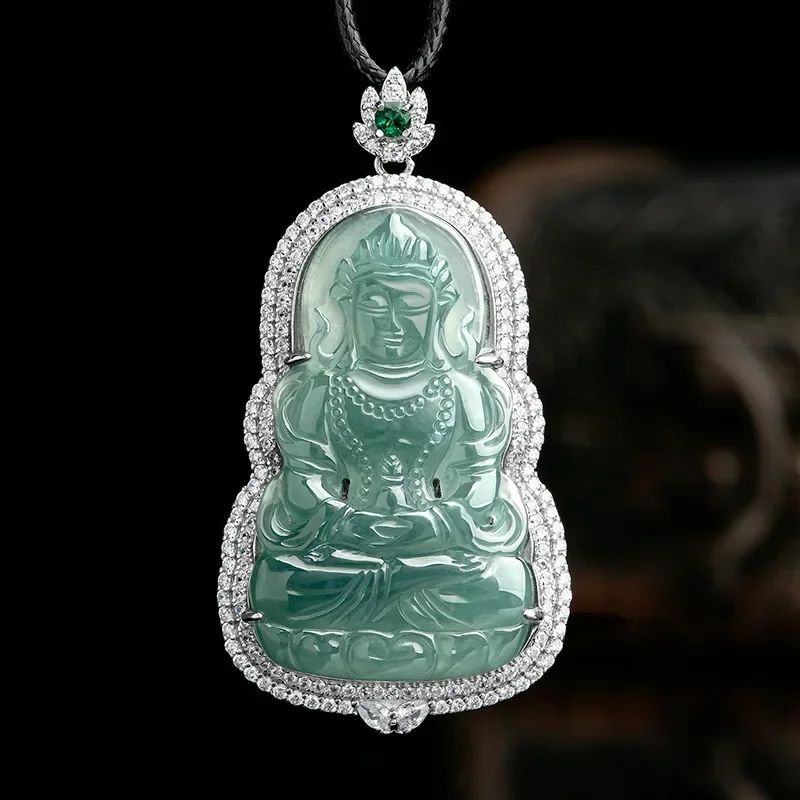 

A Myanmar Jade Avalokitesvara Pendant Men Natural Blue Ice Jade S925 Silver Inlaid Zircon Women Luxury Gem Necklace Gift Amulet