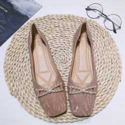 Flat Shoes for Women Square Head Large Size 43 44 45 46 Small Size 31 32 33 34 Pink Women Flats Pearls Wedding Shoes Loafers