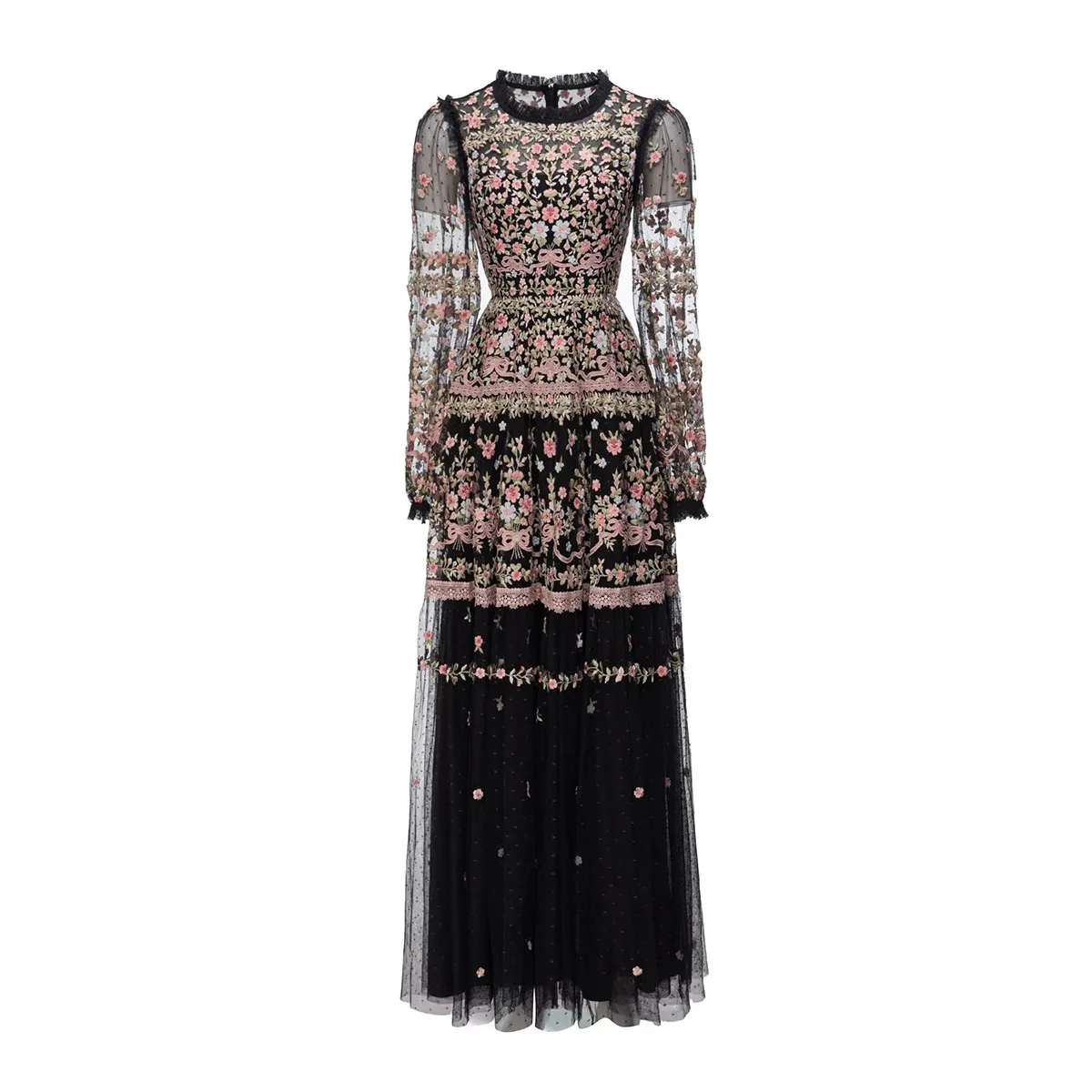 

Meyyithun Women's Dress New Arrial Ramadan Dress Long Sleeve Positioning Embroidered Mesh Princess Long Dress Prom 240222MZ03