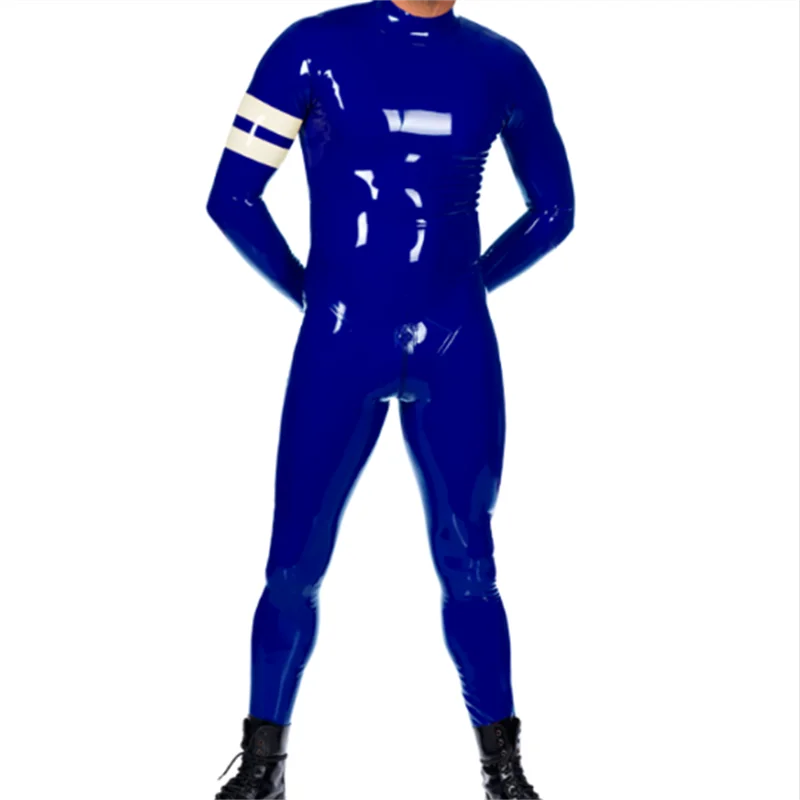 

Latex Rubber Gummi Cosplay Blue with White Catsuit Bodysuit with Back Crotch Zip Tights 0.4mm S-XXL Support Custom Made