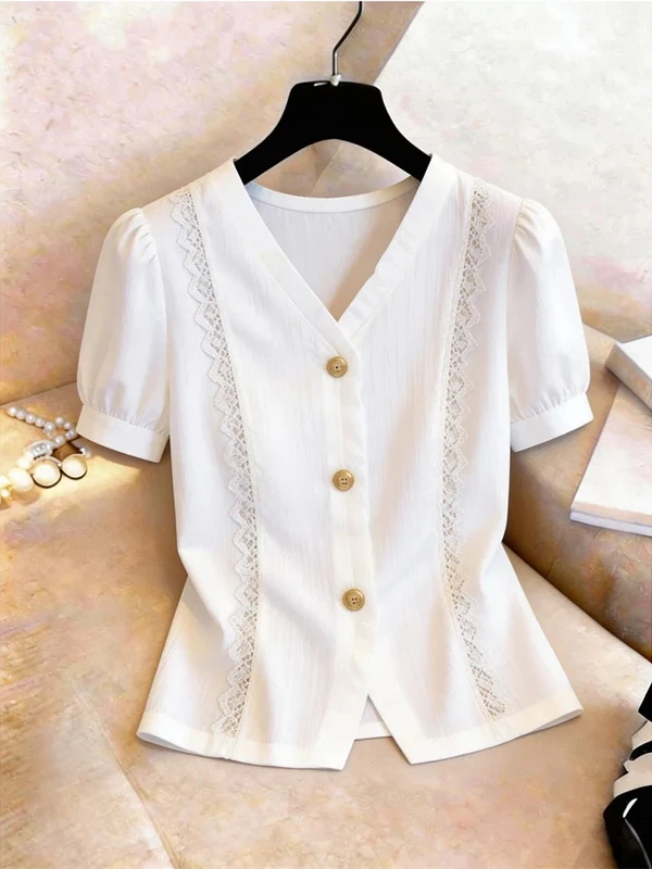 

Elegant V-Neck Short Sleeve T-Shirt Women's Summer Fashionable Age-Defying Top Korean Style Bubble Sleeve Loose Fit Shirt