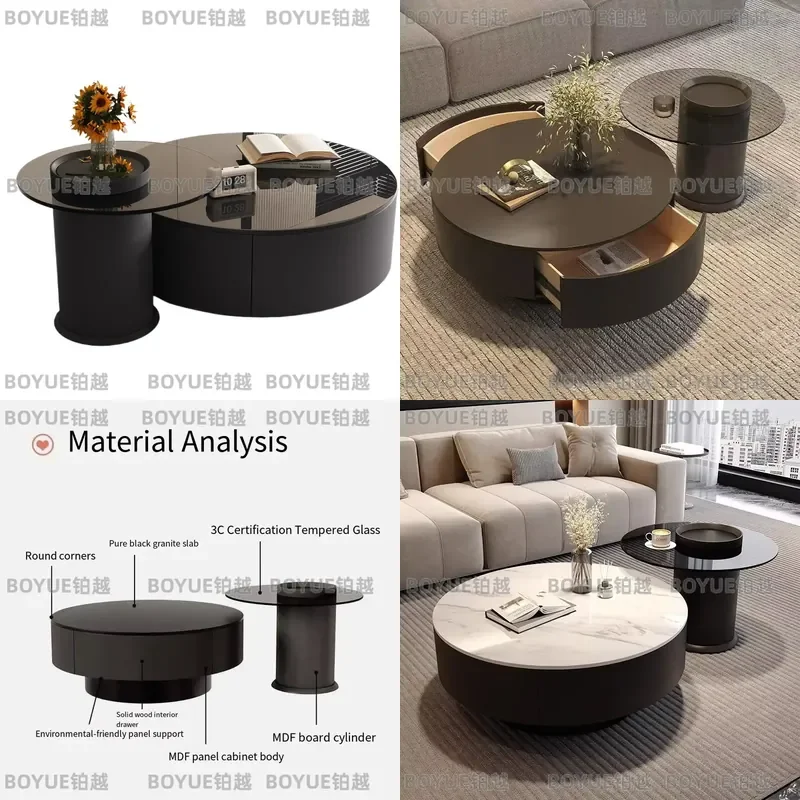 for Black Modern Round Coffee Table Glass Top Living Room Center Table