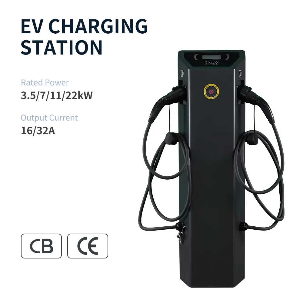 Dual 22kW Fast Charge AC Floor Mount EV Charger Station New Condition with Type 2 Connectors IP65 Protection