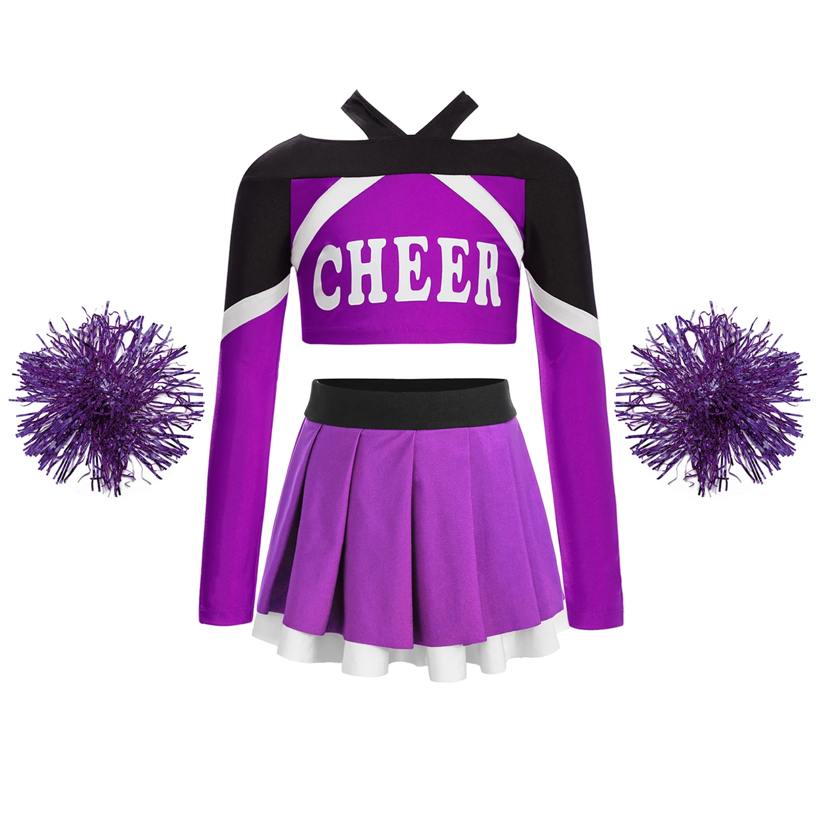 

Kids Girls Cheerleading Dance Costume Outfit 3Pcs Long Sleeve Letter Print Color Block Crop Top+Pleated Skirt+2Pcs Flower Balls
