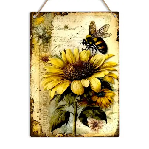 Sunflower And Bee Metal Sign Hive Garden Decoration Wall Plaque Beekeeper Gift-Aluminum