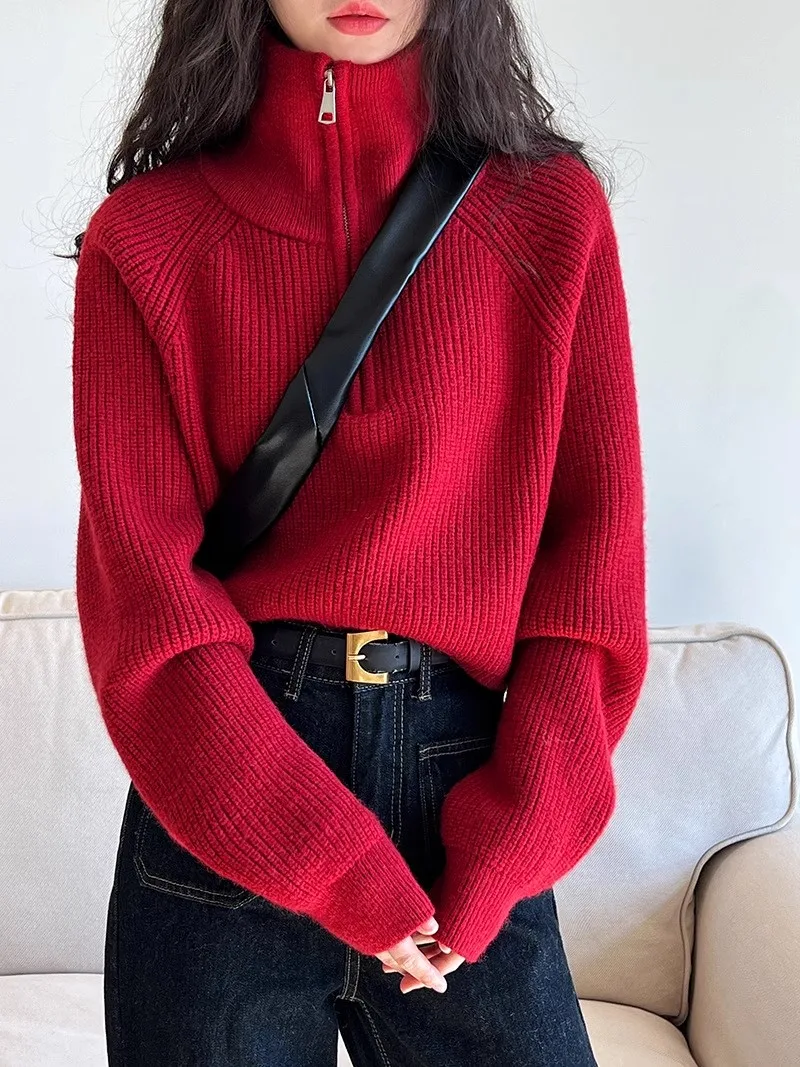 Autumn New Design Half High Collar Zipper Red Knitted Sweater Women\'s Short High Waist Sweater Loose Style