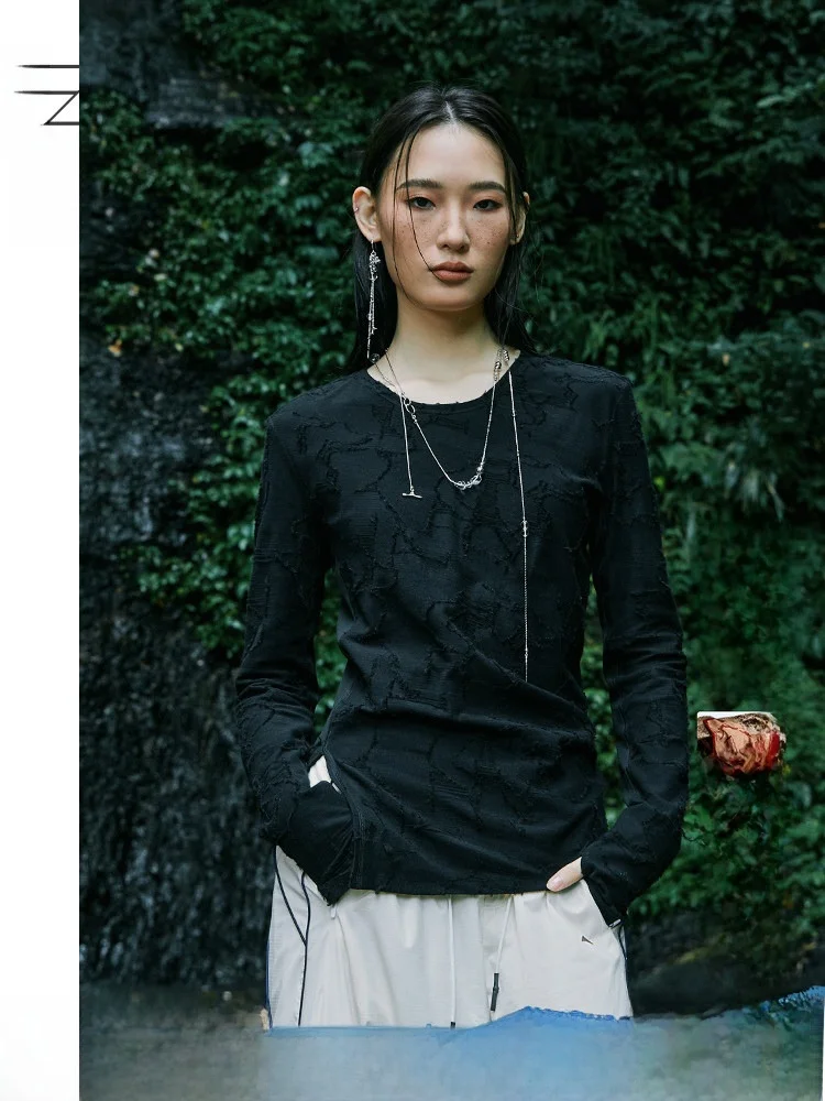 

Женский приталенный топ с длинным рукавом и круглым вырезом, оригинальный дизайн, с принтом, разрезом, из смесового хлопка, для повседневной носки, весна-осень