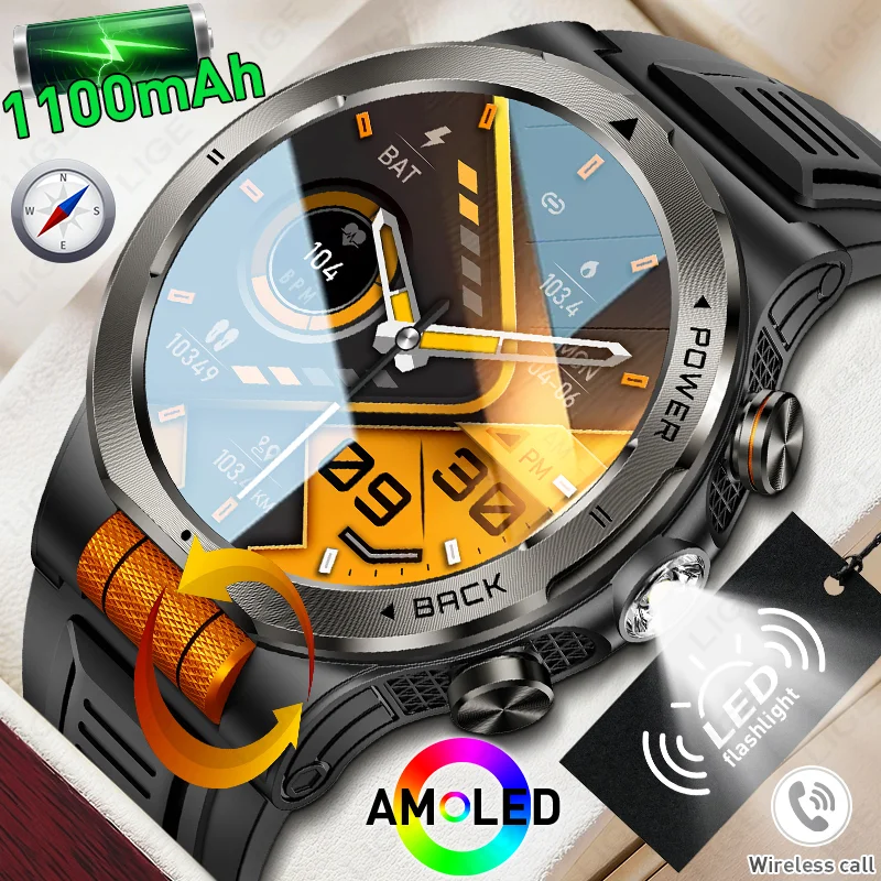 

LIGE Military 1100mAh Battery Smart Watch Men Outdoor Flashlight Compass 3ATM Waterproof Heart Rate AMOLE BT Call Sport Bracelet