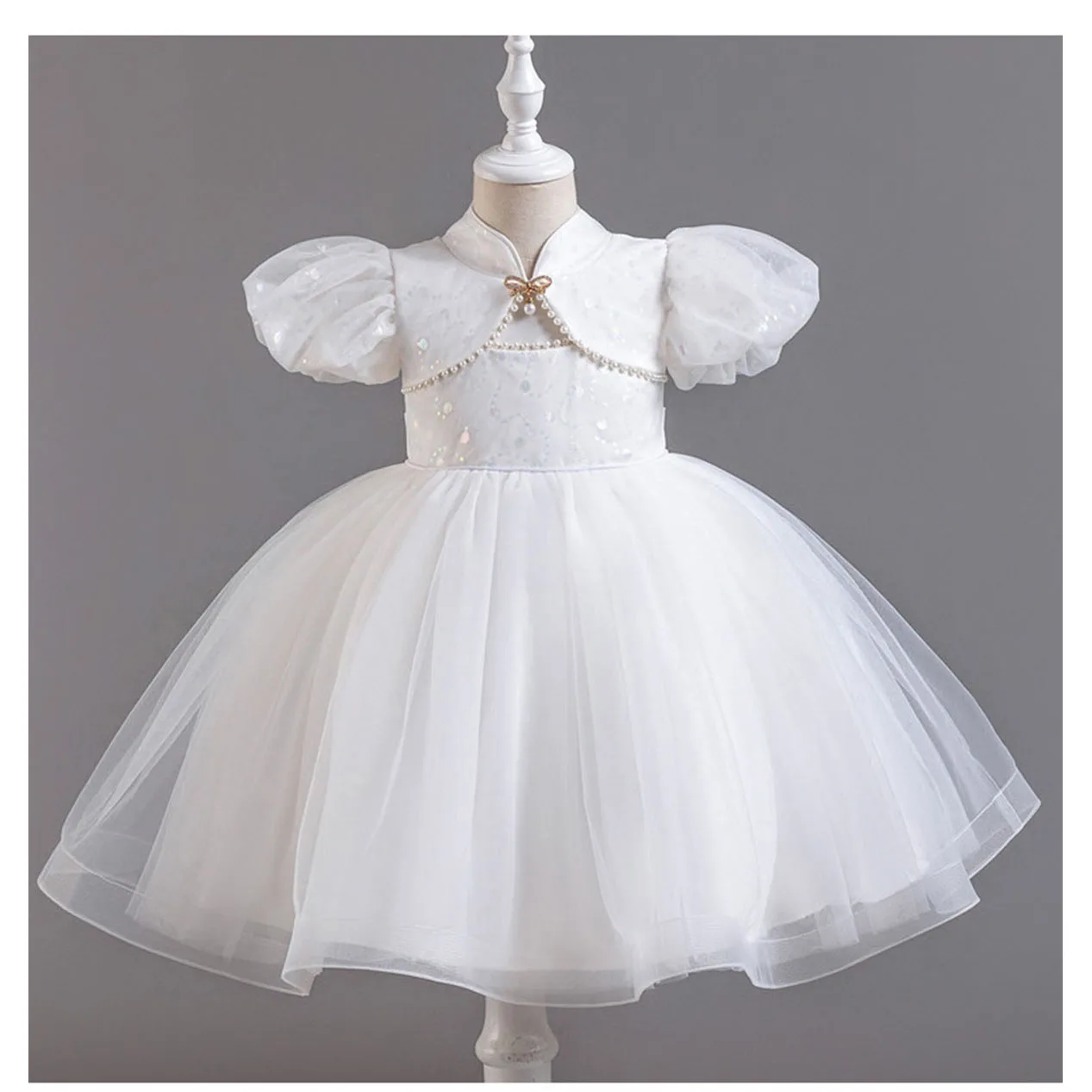 

2-12 Years Little Big Girls Puff Sleeves Pearls Wedding Bridesmaid Flower Girl Birthday Party Pageant Formal Dress