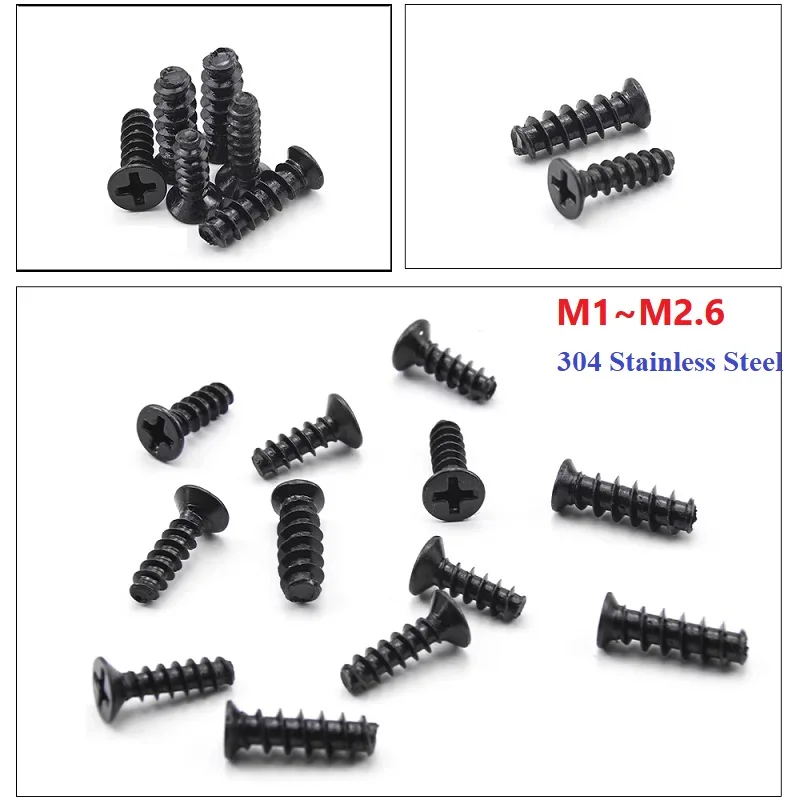 Schwarze Kreuzschlitz-Senkkopfschrauben mit Flachkopf, Selbstschneidend, M1~M2.6, 304 Edelstahl, Kleine Schrauben