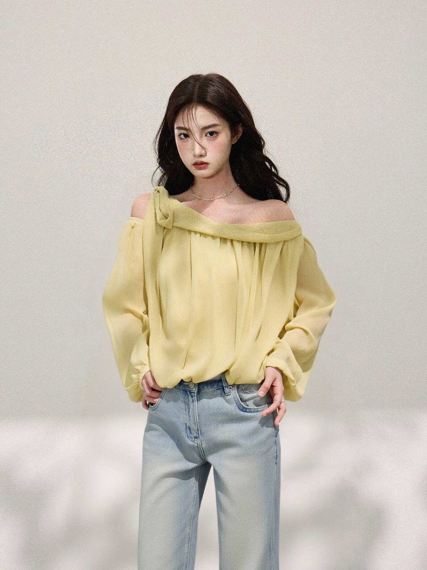 

Асимметричный шифоновый топ с длинными рукавами и открытыми плечами, женский, свободного кроя, стройнящий, тонкий, модный дизайн, весна-лето, новинка