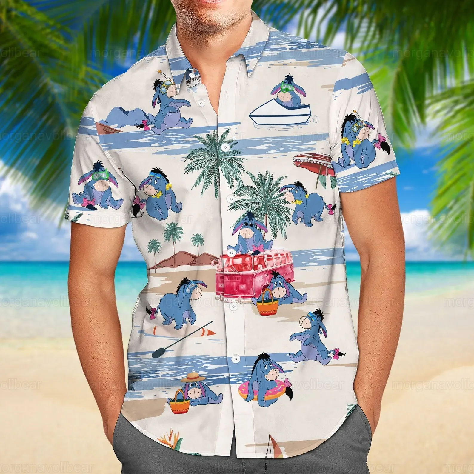 Camisas hawaianas de Disney Eeyore para hombres y mujeres, camisas de manga corta, camisas hawaianas de Disney, camisas de playa informales de