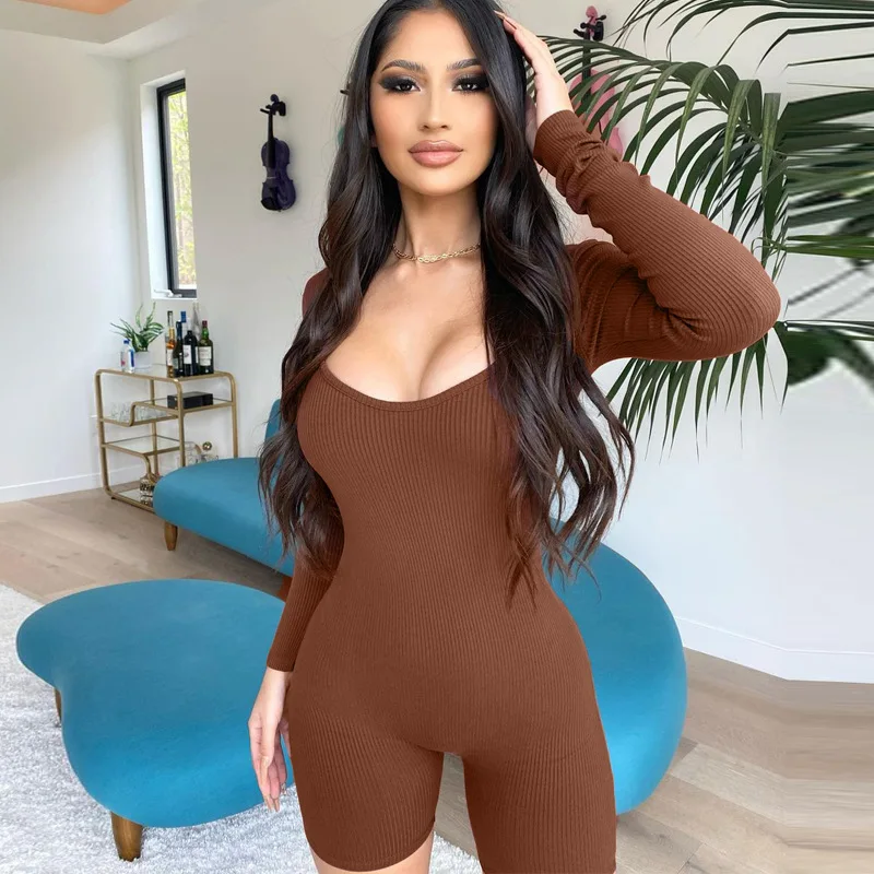 Bodysuit Women's 2025 Spring New Solid Color Ribbed U Neck Long Sleeve Slimming And Hip Lifting Sports Jumpsuit For Women