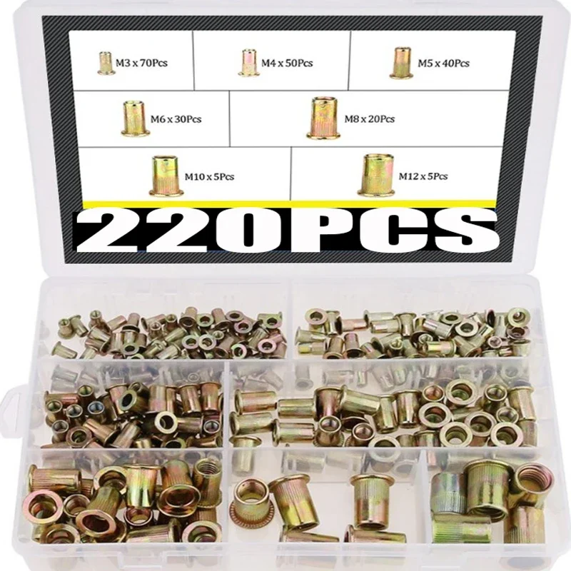 220PCS M3 M4 M5 M6 M8 M10 M12 Blind Rivet Nut Flat Head Threaded Rivet Insert Nut Cover Rivet Nut Galvanized Carbon Steel