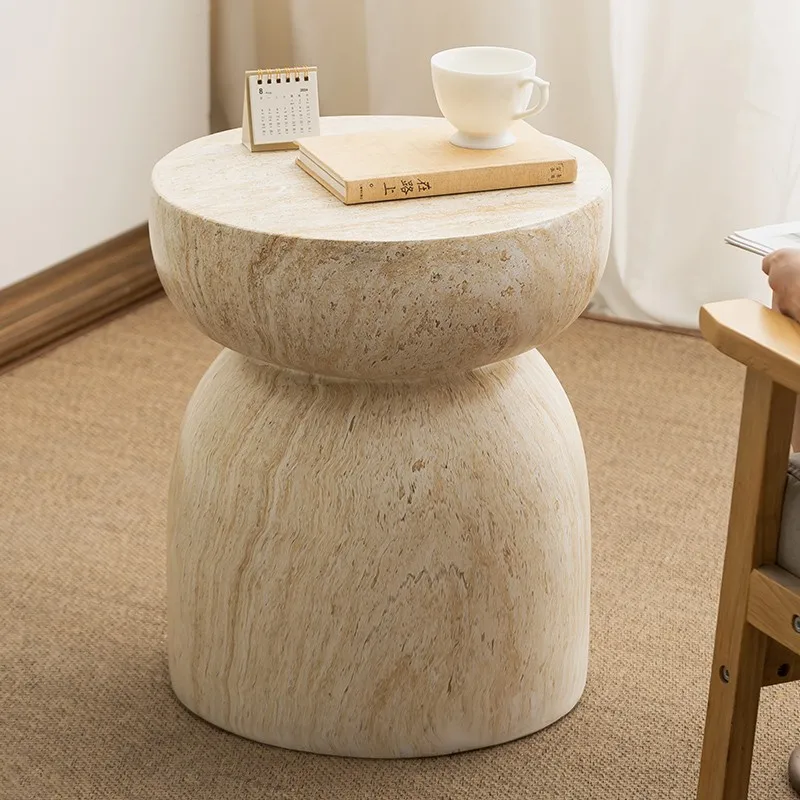 For Faux Travertine Round Side Table, Mid-Century Magnesium Clay Table for Indoor & Outdoor Use