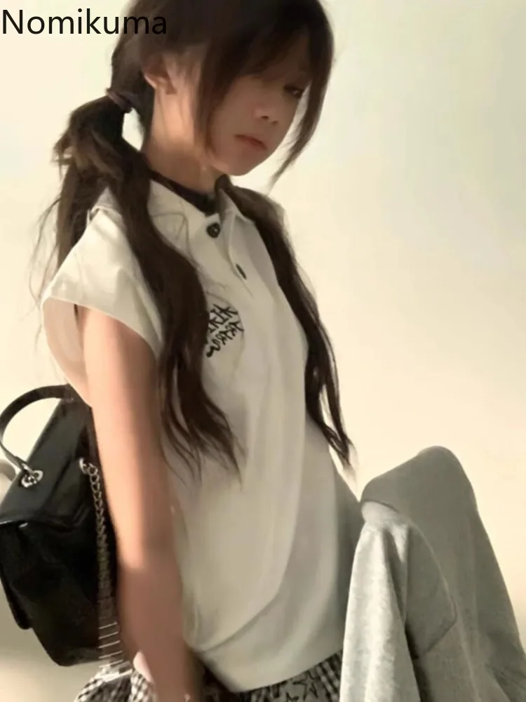 2024 Ropa Mujer White Woman T Shirts Turndown Collar Short Sleeve Tunic Cotton Tees Y2k Tops Casual Fashion Print Summer T-shirt