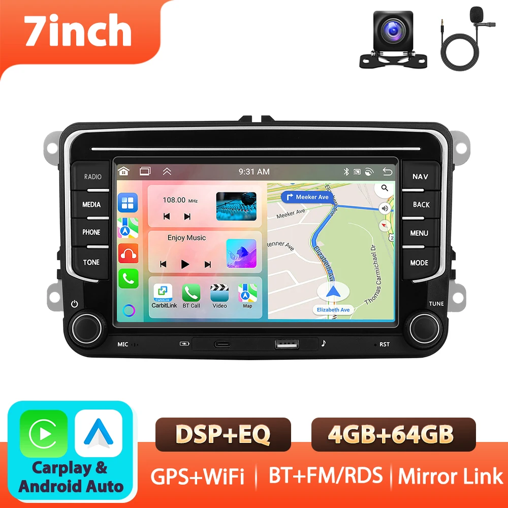 Podofo 7'' 6+128G autoradio voor VW/PASSAT/GOLF/POLO/BORA multimediaspeler WIFI Carplay Android Auto BT EQ Sound DSP autostereo
