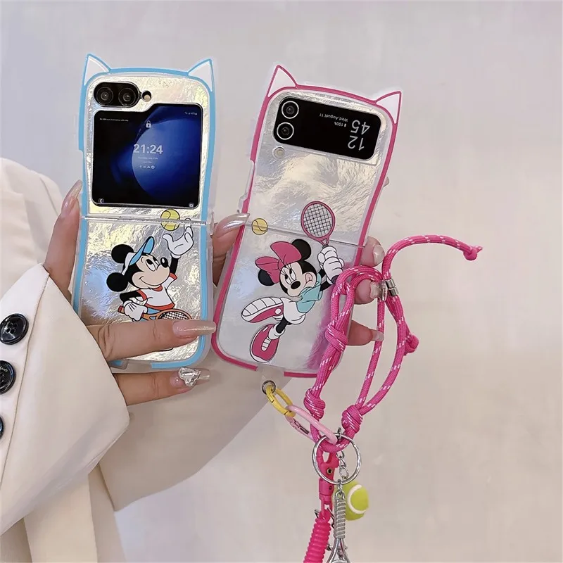 Capa de Telefone Disney com Orelhas de Gato do Mickey e Minnie para Samsung Galaxy Z Flip 3 4 5 6 7 7FE, Capa Protetora com Cordão
