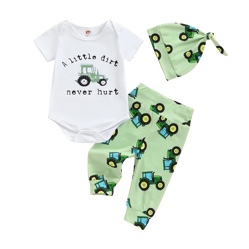 0-18M Newborn Baby Boy Tractor Clothes Cotton Funny Letter Bodysuit+Truck Leggings Hat Farm Baby Shower Coming Home Outfit