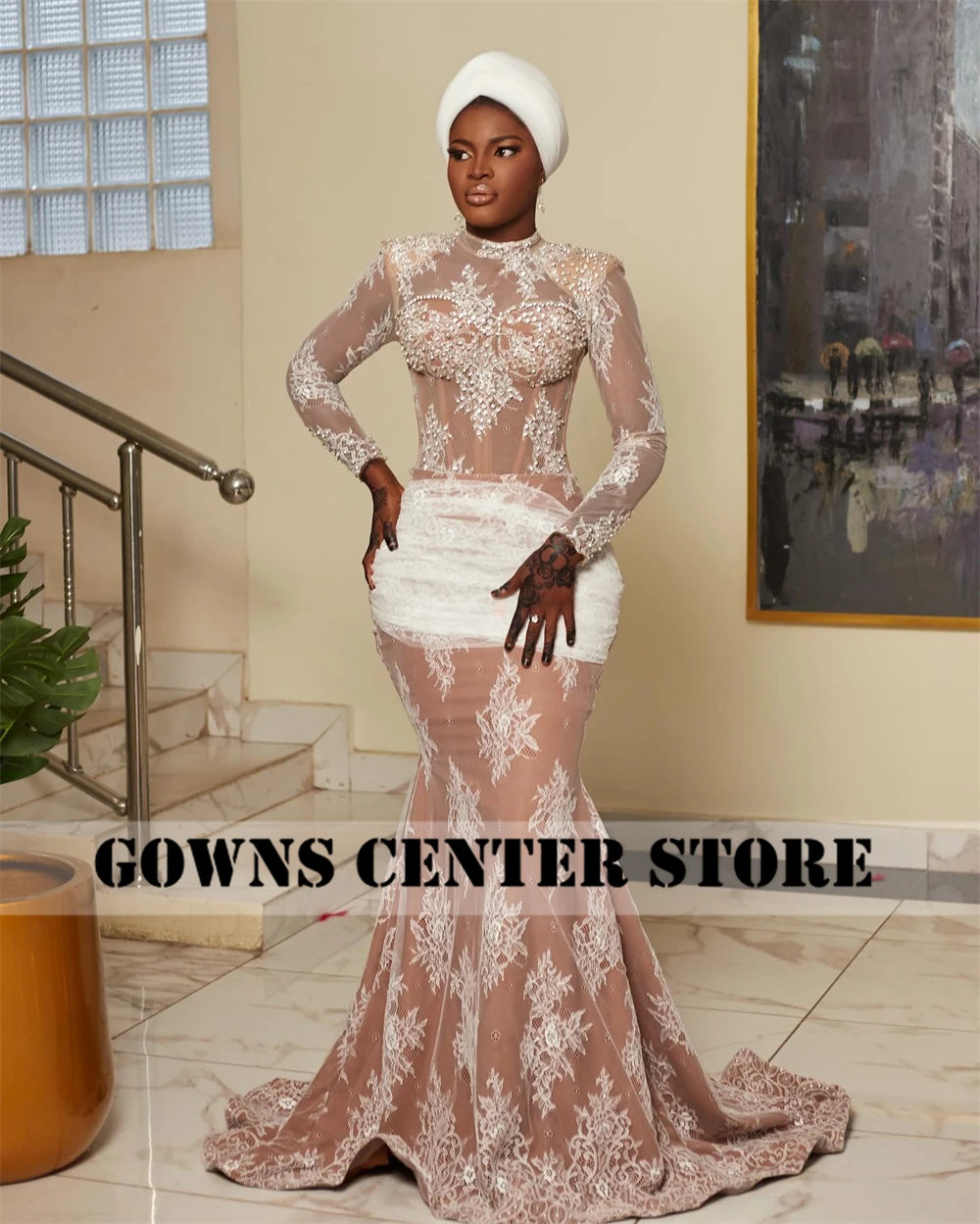 ชุดแต่งงานลูกไม้แขนยาวสไตล์แอฟริกันทรงเมอร์เมด ประดับลูกปัดและคริสตัล  ชุดหมั้น  สามารถสั่งตัดได้