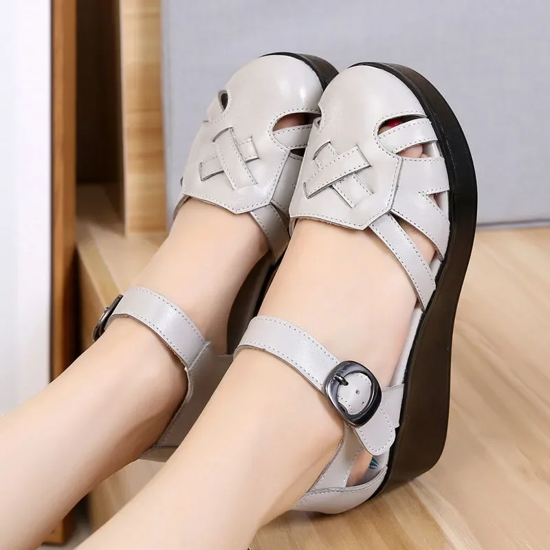 GKTINOO Summer Wedge Shoes for Women Sandals Genuine Leather Open Toe High Heel Casual Ladies Buckle Strap Fashion Female Sandal