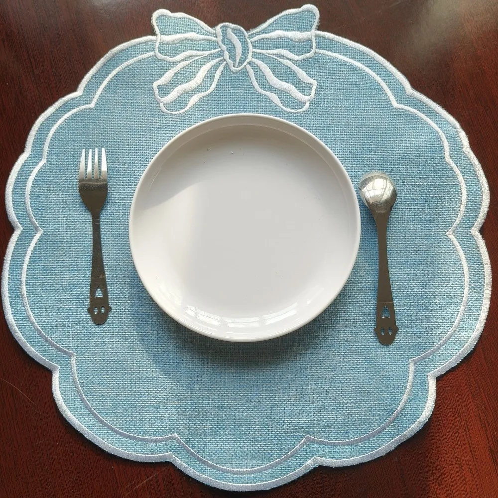 Linen Embroidered Placemat Bowknot Napkin Washable Reusable for Wedding Banquet Mother's Day Home Dining Decor Table Mat