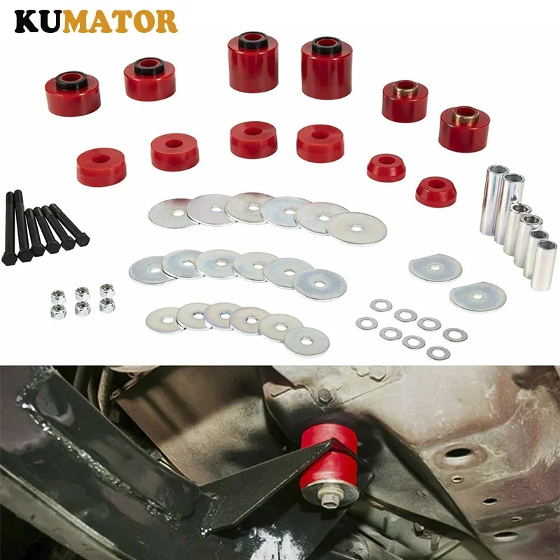 

4.4123R Body Mount Bushing Set Kit for 1980-1998 Ford F150 F250 F350 Polyurethane Steel Sleeves Hardware (Red/Black)