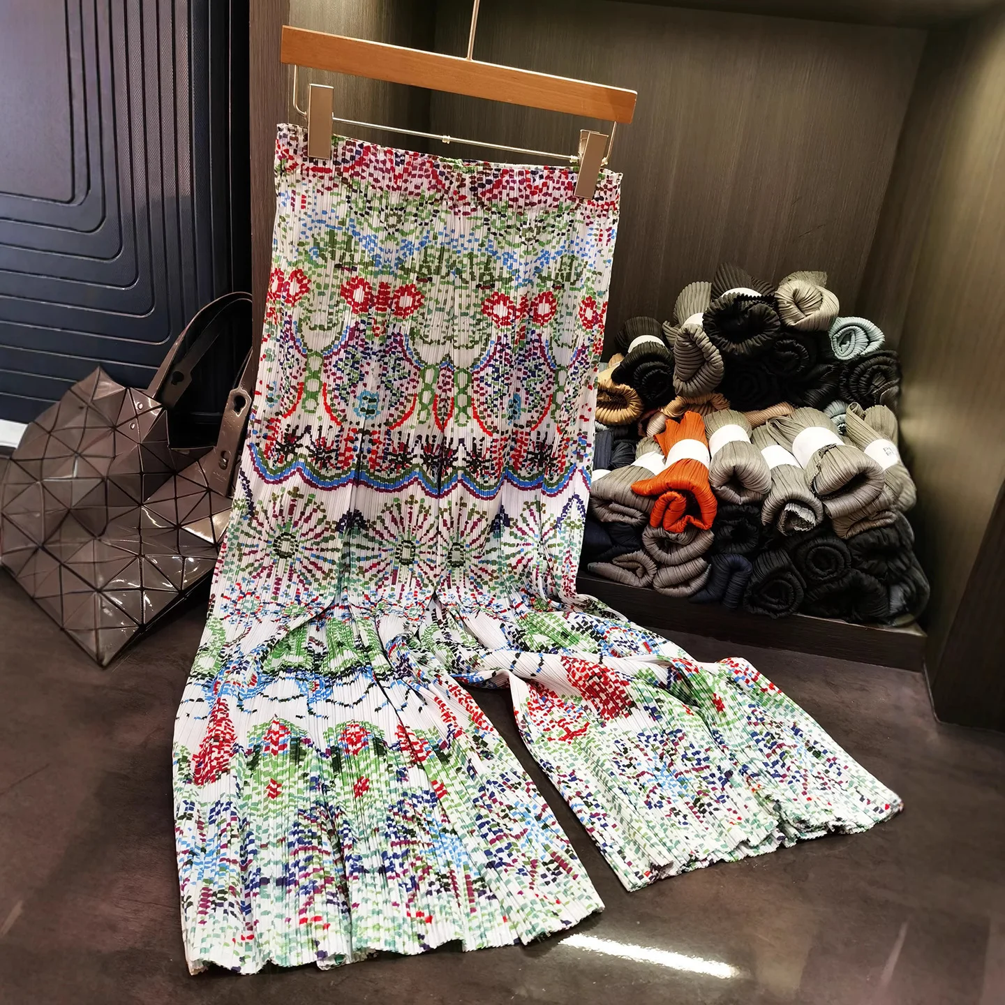Miyake Summer Niche Design Sense Pleated Print Ethnic Style Wide-legged Pants Women Simple Casual Versatile Straight Long Women