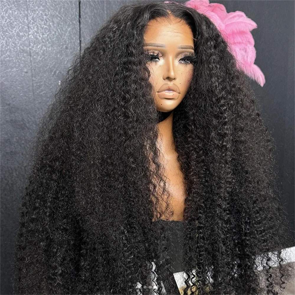 Glueless Soft 26Inch Long Natural Black Kinky Curly 180Density Deep Lace Front Wig For Women Babyhair Preplucked Daily Cosplay