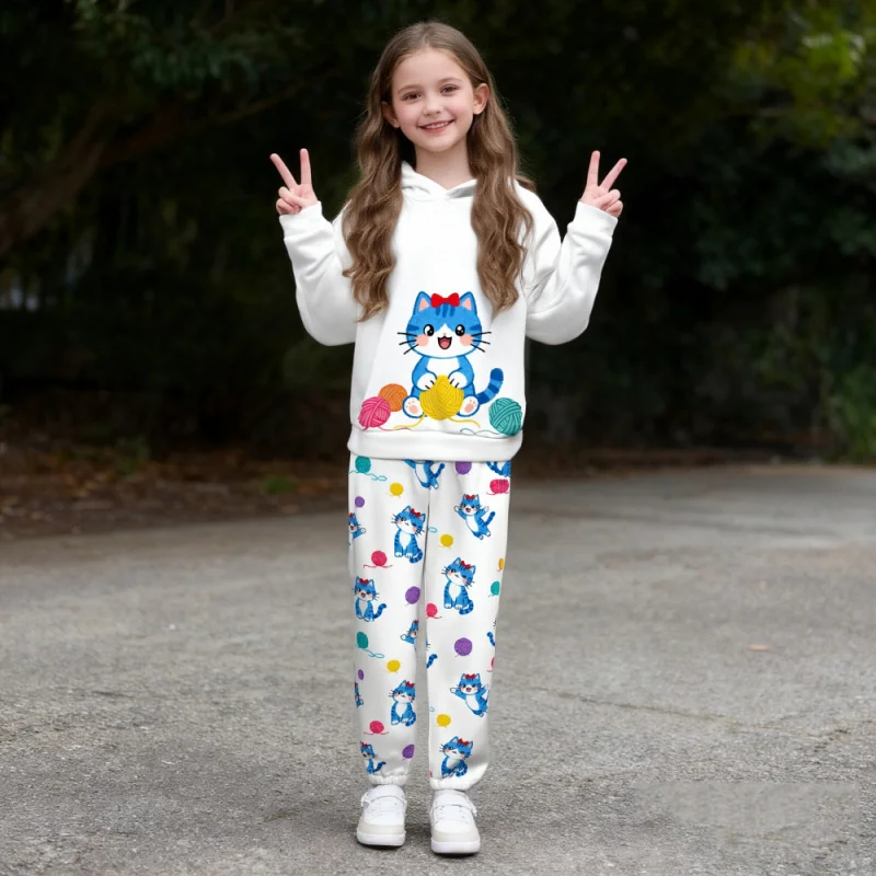 Girls Cute Cat Hoodie And Joggers Set Colorful Yarn Ball & Blue Kitten Print Casual Outfit for Kids 2026