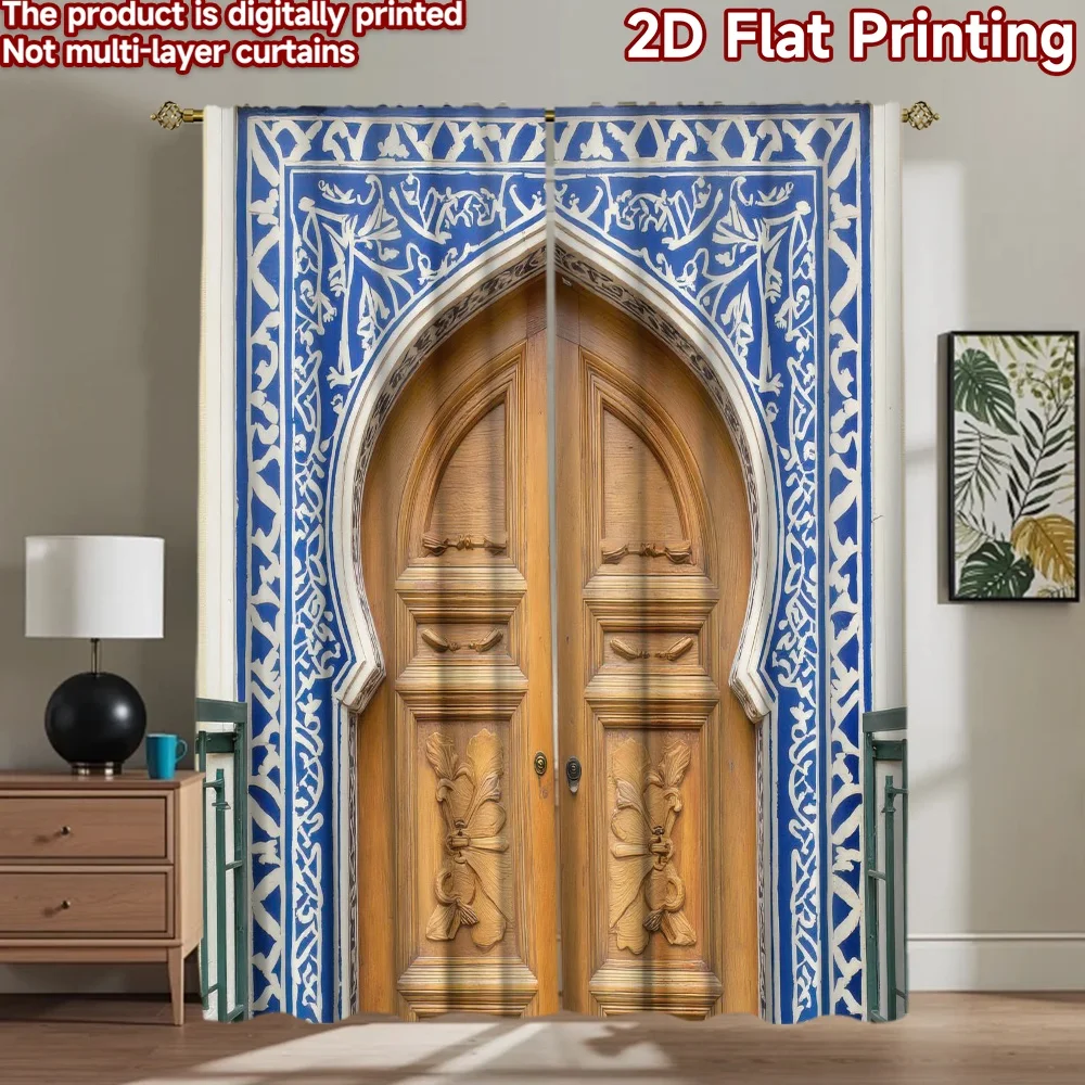 

1pc 2D flat Photography Backdrop Party Backdrop Blue Arabic Doorway 100% Polyester Festive Wall Decor Use for Holiday portraits