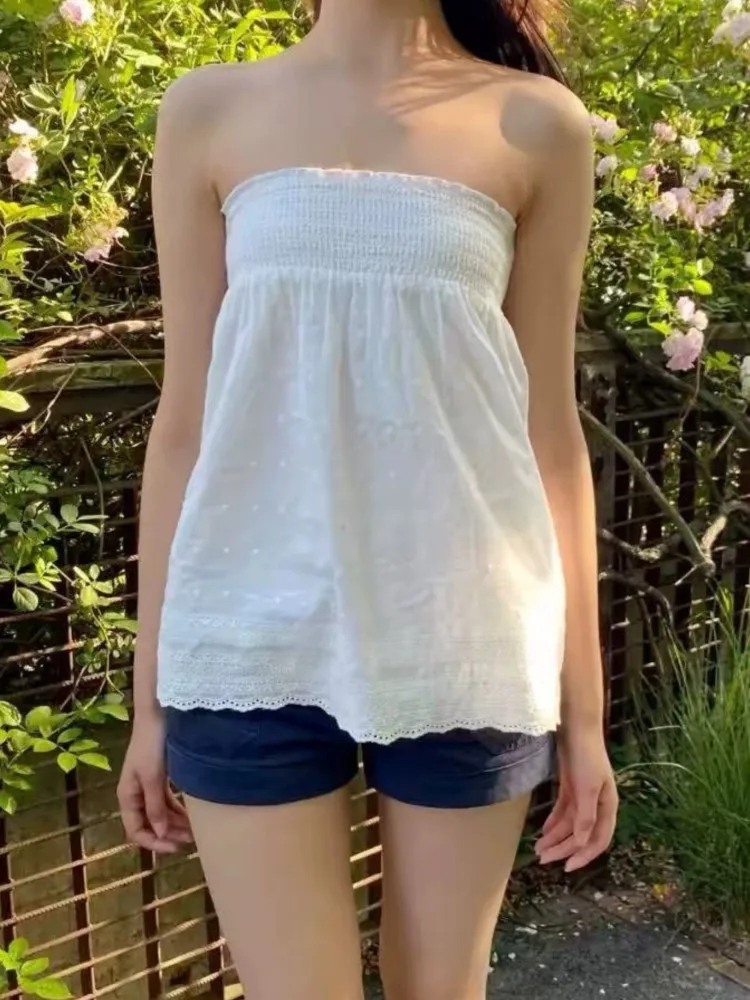 Sweet Polka Dot Ruffled Strapless Camisole Women Casual Slim Elasticated Top and Skirt (2-in-1) Cute Preppy Style Tube Y2K