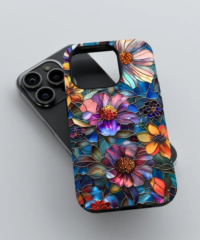 Artistic Stained Glass Floral Phone Case For IPHONE 16 15PRO MAX 14 13 12 11 Acrylic TPU Two in one magnetic Phone Cases