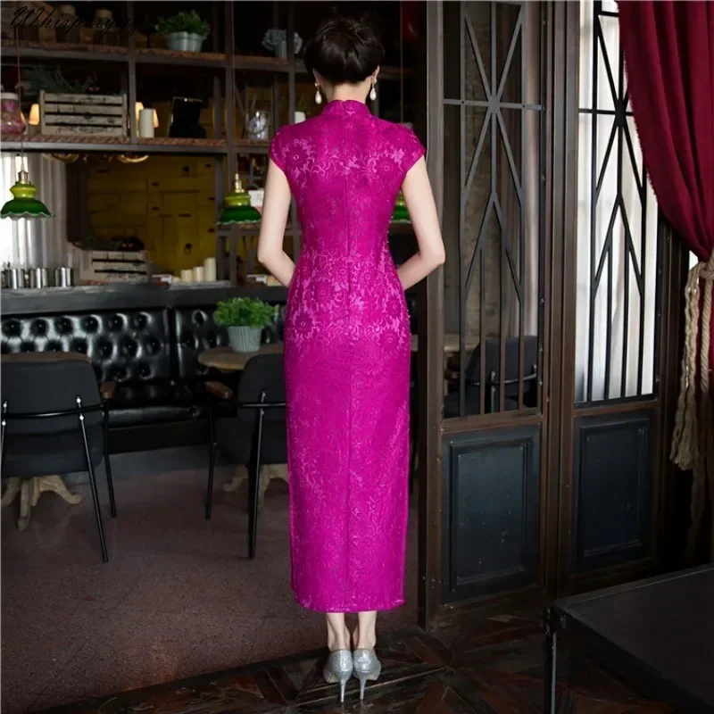 

Rose Red Women'S Long Cheongsam Top Fashion Beading Chinese Style Vintage Party Female Lace Qipao Slim Banquet Dress Vestidos