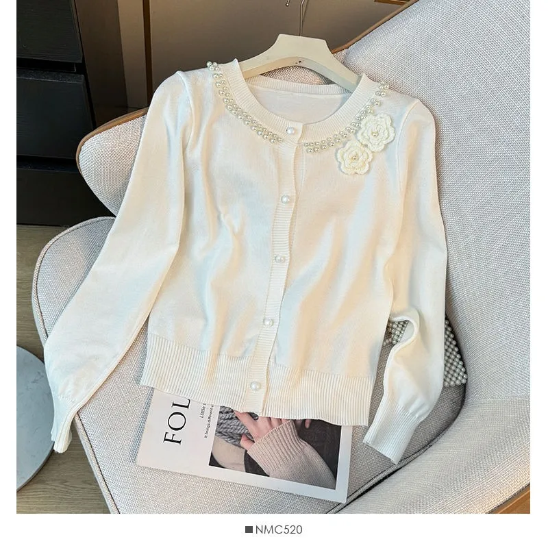 Women Sweater 2025 Spring Autumn New French Stylen Tops  Pearl Beaded Long Sleeve 3d Flower Korean Fashion Cardigan Clothing