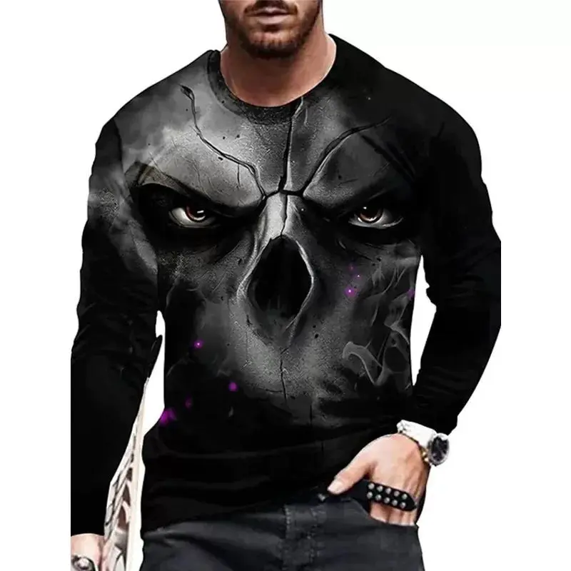 Men Spring And Autumn Each Individual Horror Skull Pattern 3d Printed O-Collar Long Sleeve Loose Vintage Printed T-Shirt Top