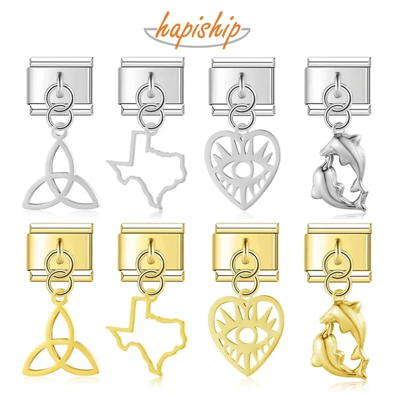 Hapiship 2024 New Fashion Sweet Dolphin Heart Eye Italian Charm Links Fit 9mm Bransoletka ze stali nierdzewnej Biżuteria DIY Making DJ1511