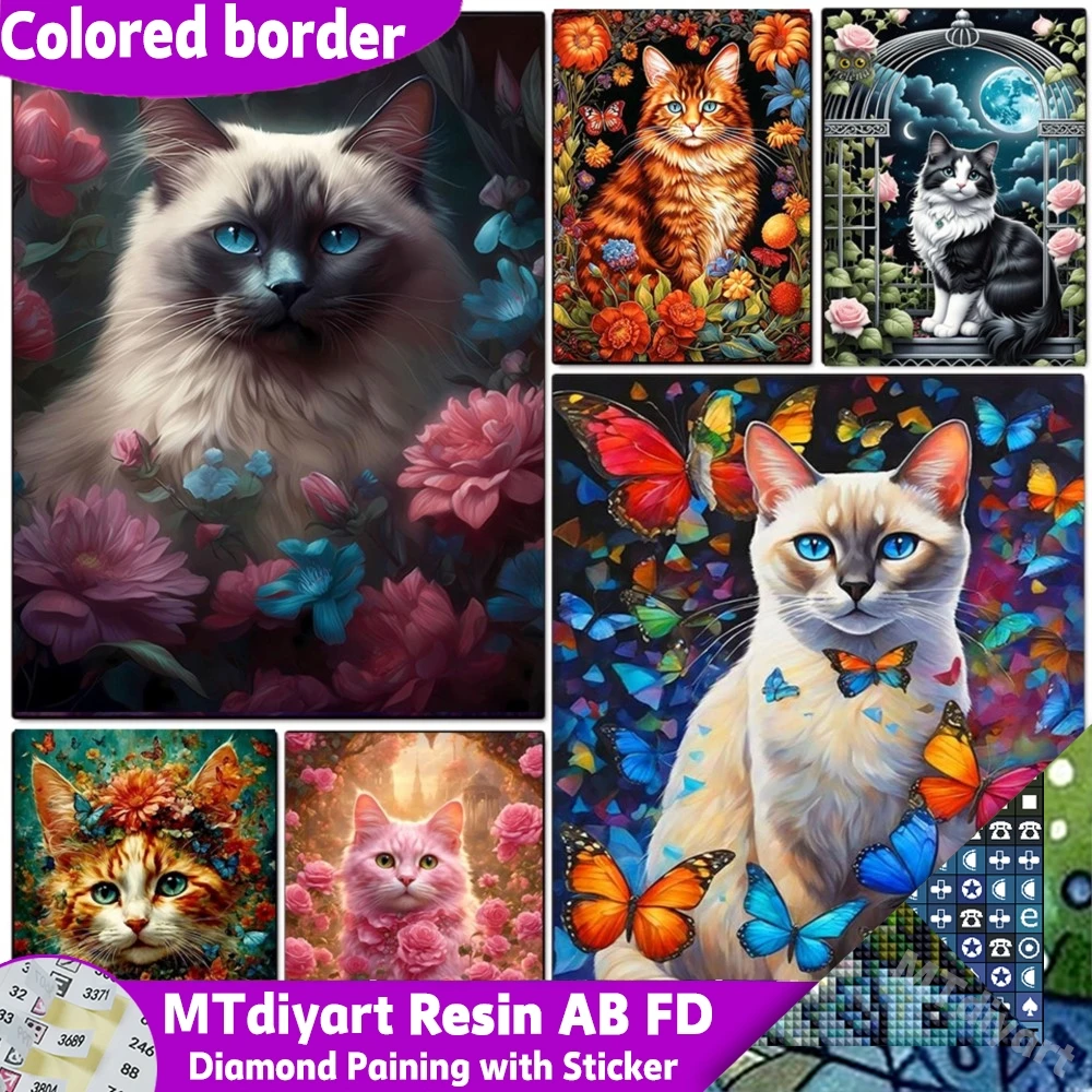 Kit de Peinture Diamant Chat avec Diamants en Résine AB FD, Autocollants Symboles, Toile Imprimée Bordée, Motifs Floraux, Animaux, Chat, Mosaïque Murale Décorative, Kit d'Artisanat