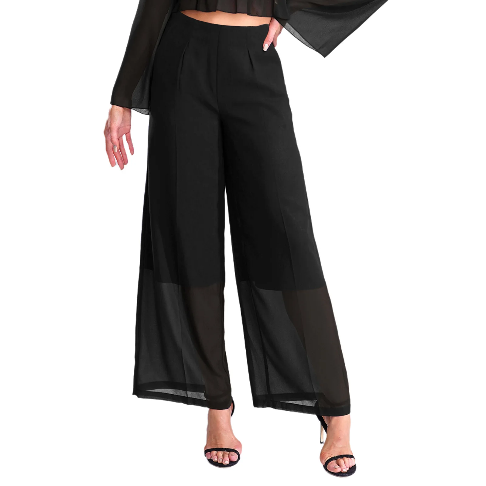 Coreia moda calças femininas elegante chiffon camada solta calças compridas casuais em linha reta escritório senhoras roupas calças de perna larga