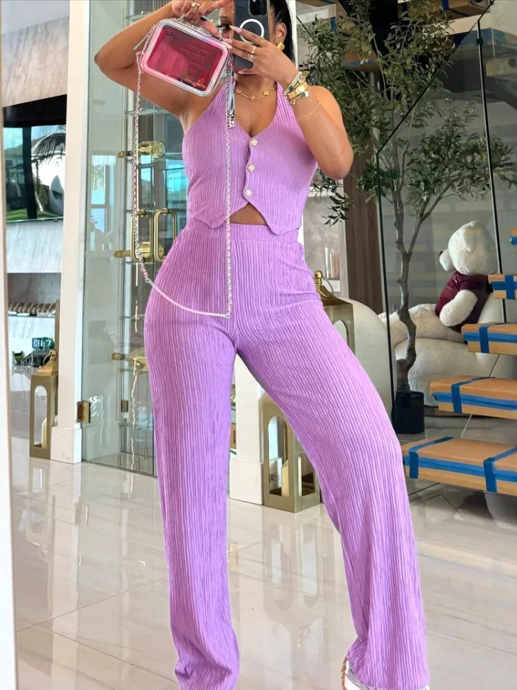 

Three Sisters Summer New Solid Sleeveless Women's Fashion Slim Waistcoat High Waist Wide Leg Pants Temperament Two-piece Set