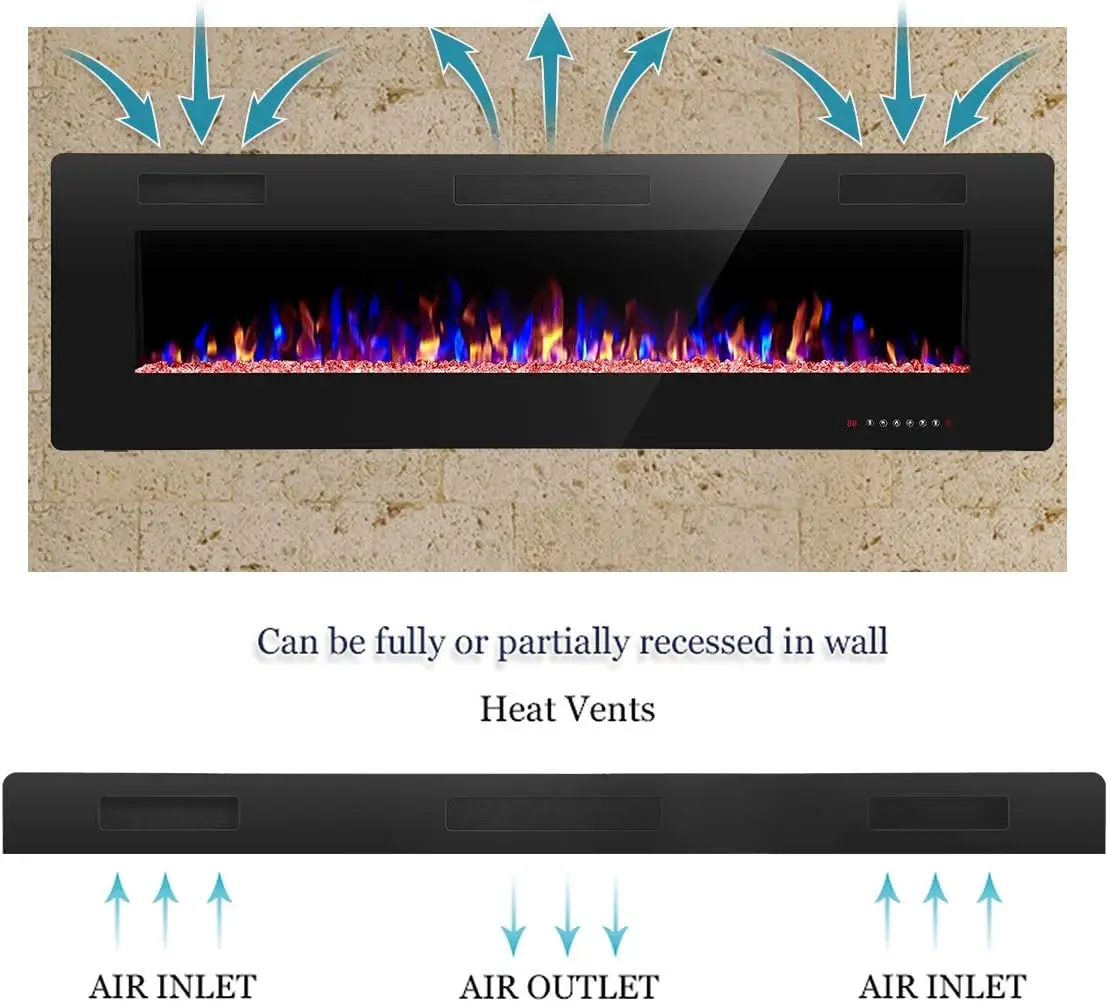 60" Recessed and Wall Mounted Electric Fireplace, Low Noise, Remote Control with Timer, Touch Screen, Adjustable Flame Color