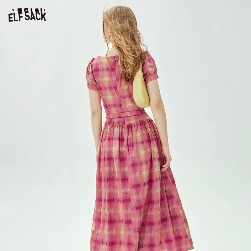 ELFSACK Bubble sleeve plaid dress for women in spring 2024, new casual waist tightening and slimming princess dress