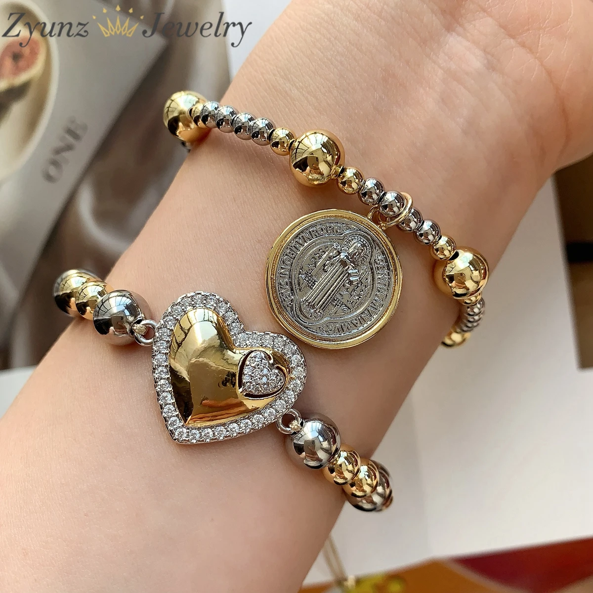 

5PCS, New san benido charm Bracelet silver 18k gold plated copper beaded Heart Bracelet religious Couples Bracelet Women