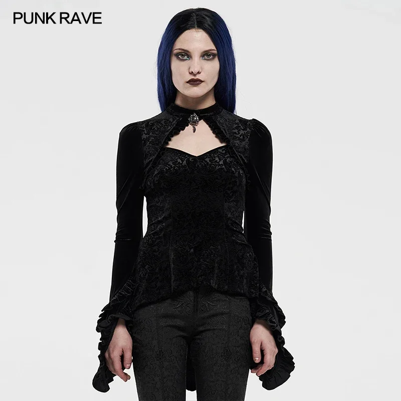 

PUNK RAVE Women's Gothic Velvet Shadow Flower T-shirt Gorgeous Hollow Out Heart-shaped Bandeau Collar Irregular Cuff Top