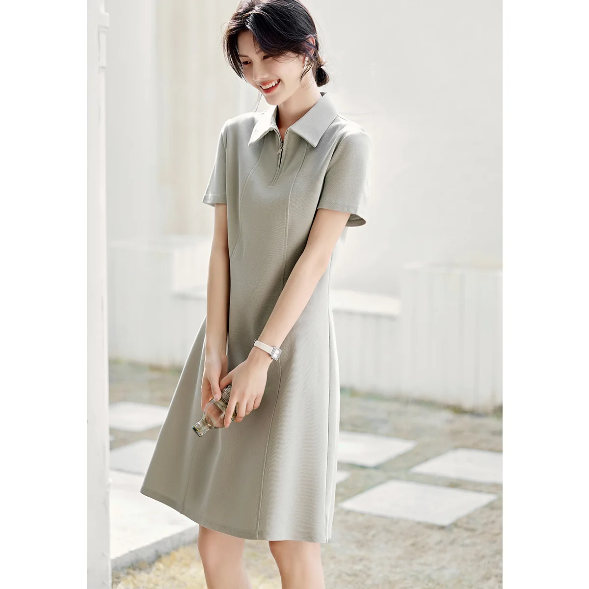 Women's Solid Color Small Fragrant Polo Neck Dress 2024 New Summer High Waist Slim Short Sleeve A-line Skirt