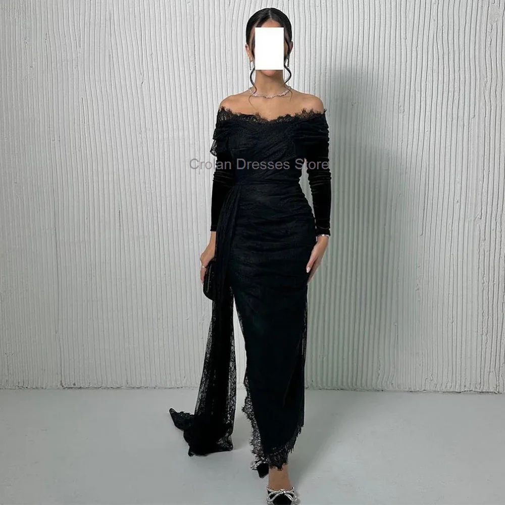 Black Lace Evening Dress Classic Boat Neck Long Sleves Sheath Prom Dress with Side Split HIgh Quality Celebrity Dresses 2024