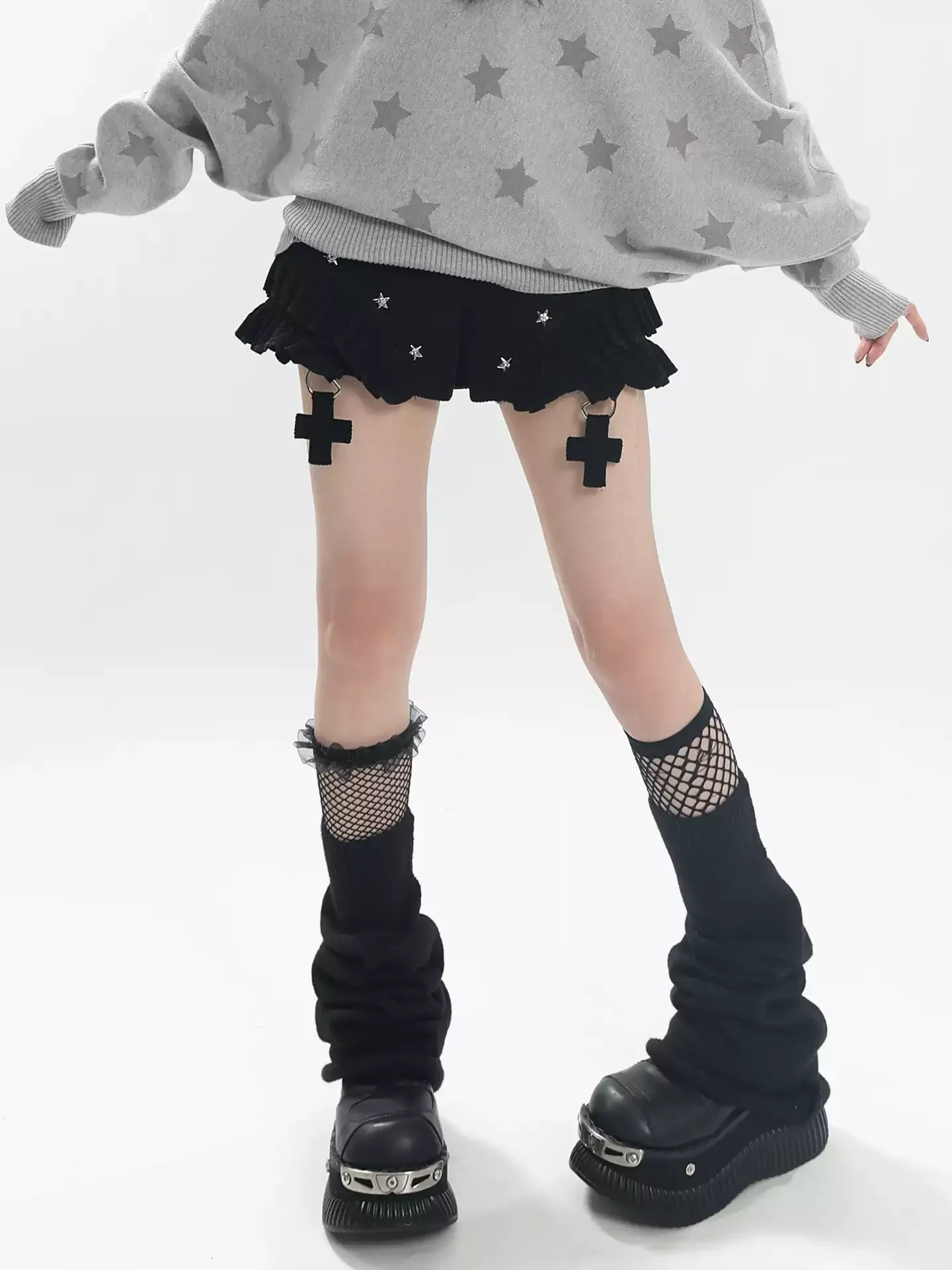 Sweet Punk High Waist Corduroy Shorts for Women Ruffle Hem Star and Cross Ornament A‑Line Short Bottom